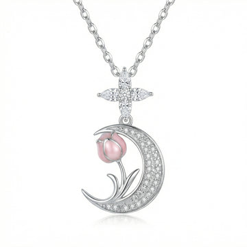925 Sterling Silver Elegant Silver Crescent Moon Necklace Featuring a Delicate Pink Tulip Pendant