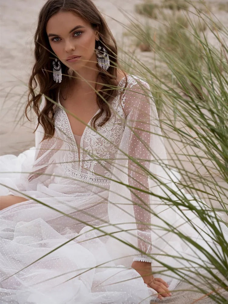 Beach Boho V-Neck Tulle Wedding Dress
