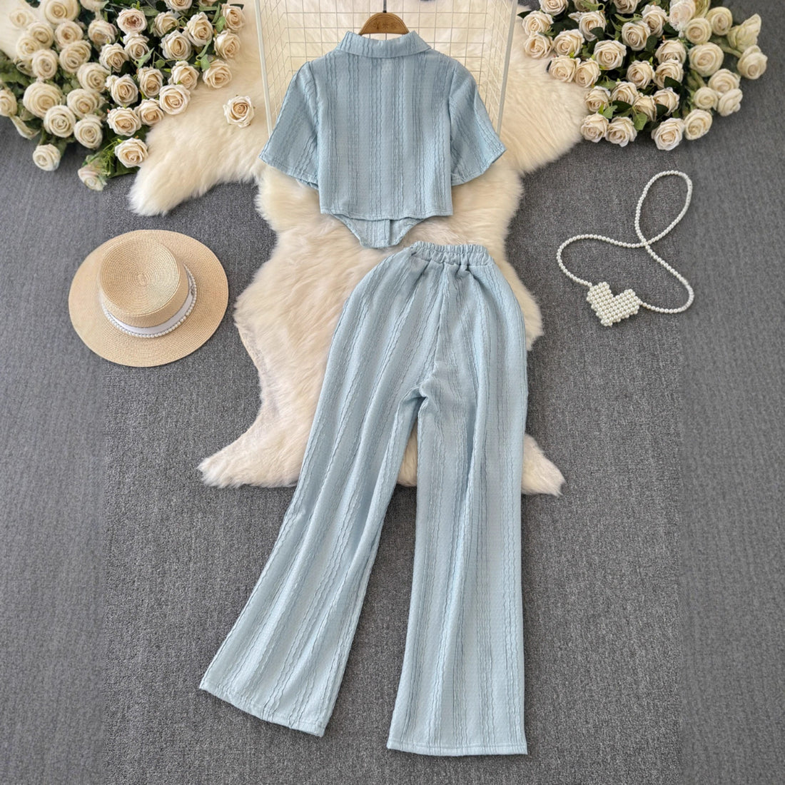 Womens Wide-leg Pants And Slim-fit Single-breasted Top Two-piece Set