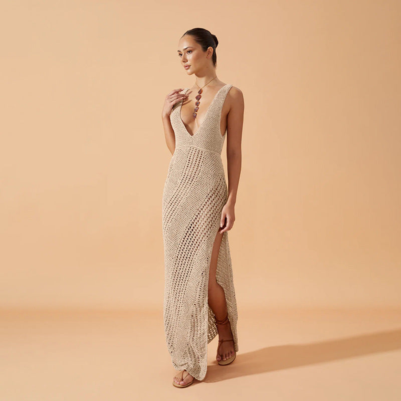 Sexy V-neck Slit Knit Beach Dress for Women