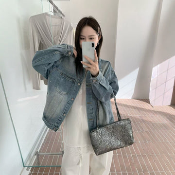 Vintage Loose-Fit Cropped Denim Jacket for Women