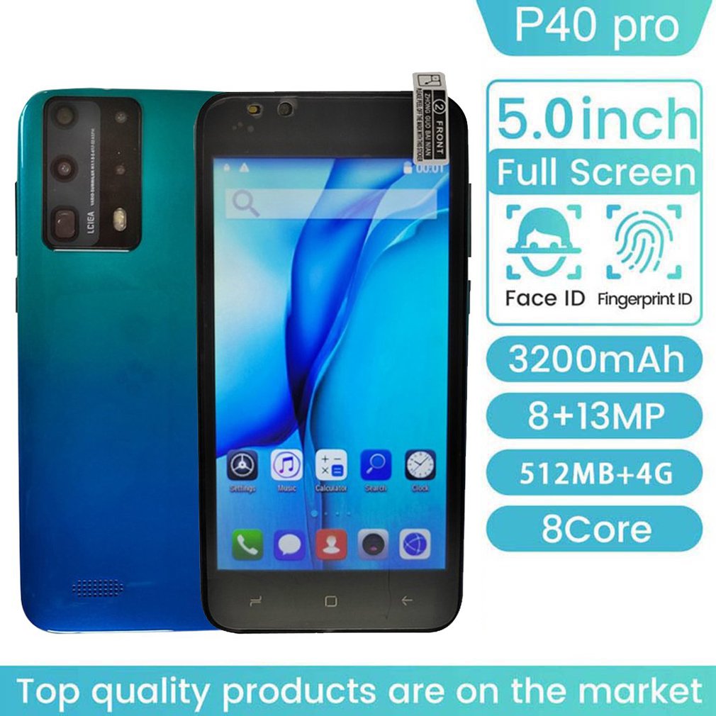 2022 New Arrival P40 Pro Dual-Core Smartphone 5 Inch Full Screen Cellphone 512M+4G Mobile Phone 3D Glass Plated Back Cover Blue