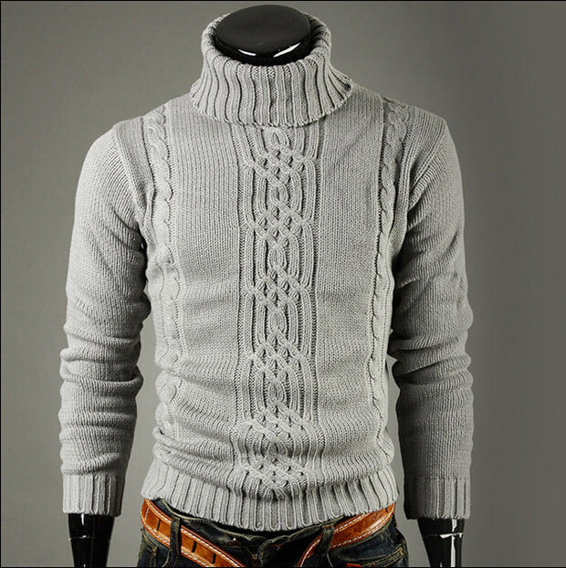 Casual Slim Pullover Solid High Lapel Jacquard  Men Sweater