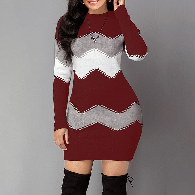 Autumn and Winter Knitted Long Striped Long-sleeved Sweater