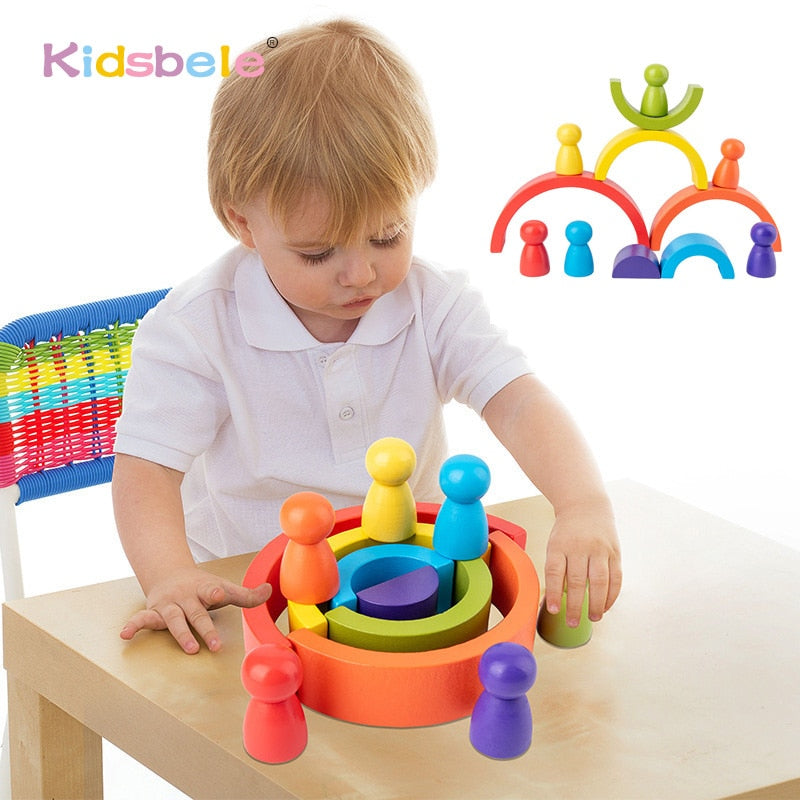 Wood Stacking Rainbow Blocks Toys Kids Montessori Educational 6PCS DIY Creative Toys Building Balance Blocks Math Toddler Toys