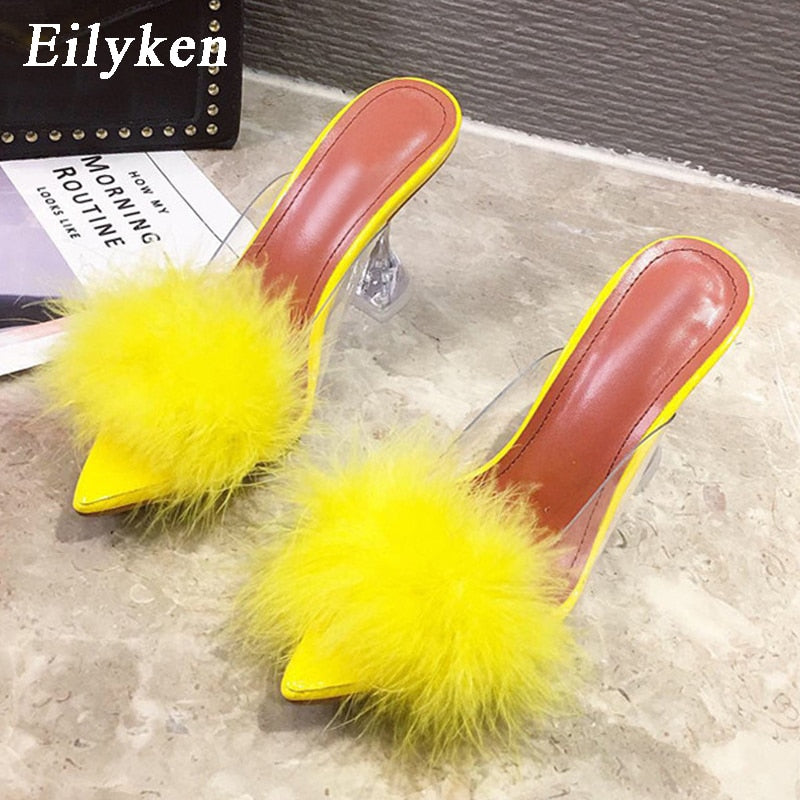 Summer Woman Pumps  Crystal High Heels Fur Feather Shoes