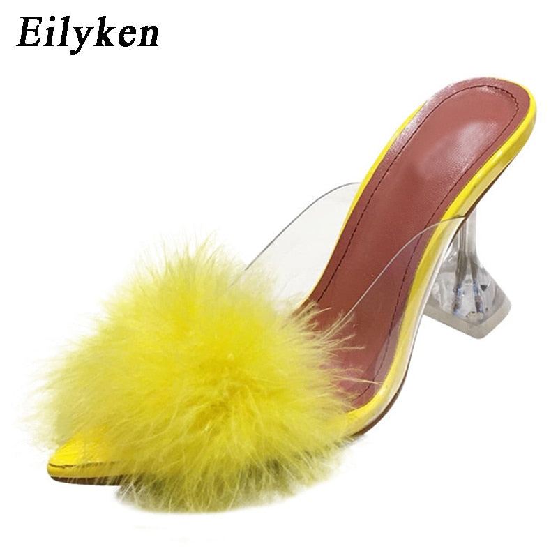 Summer Woman Pumps  Crystal High Heels Fur Feather Shoes