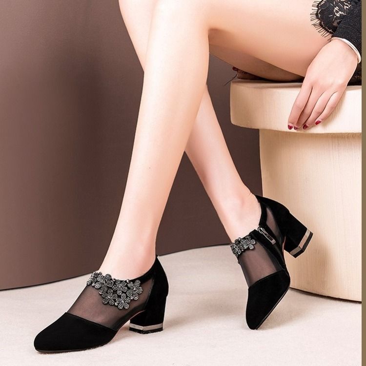 Women Crystal Mesh Zip Lace High Heels Sandals