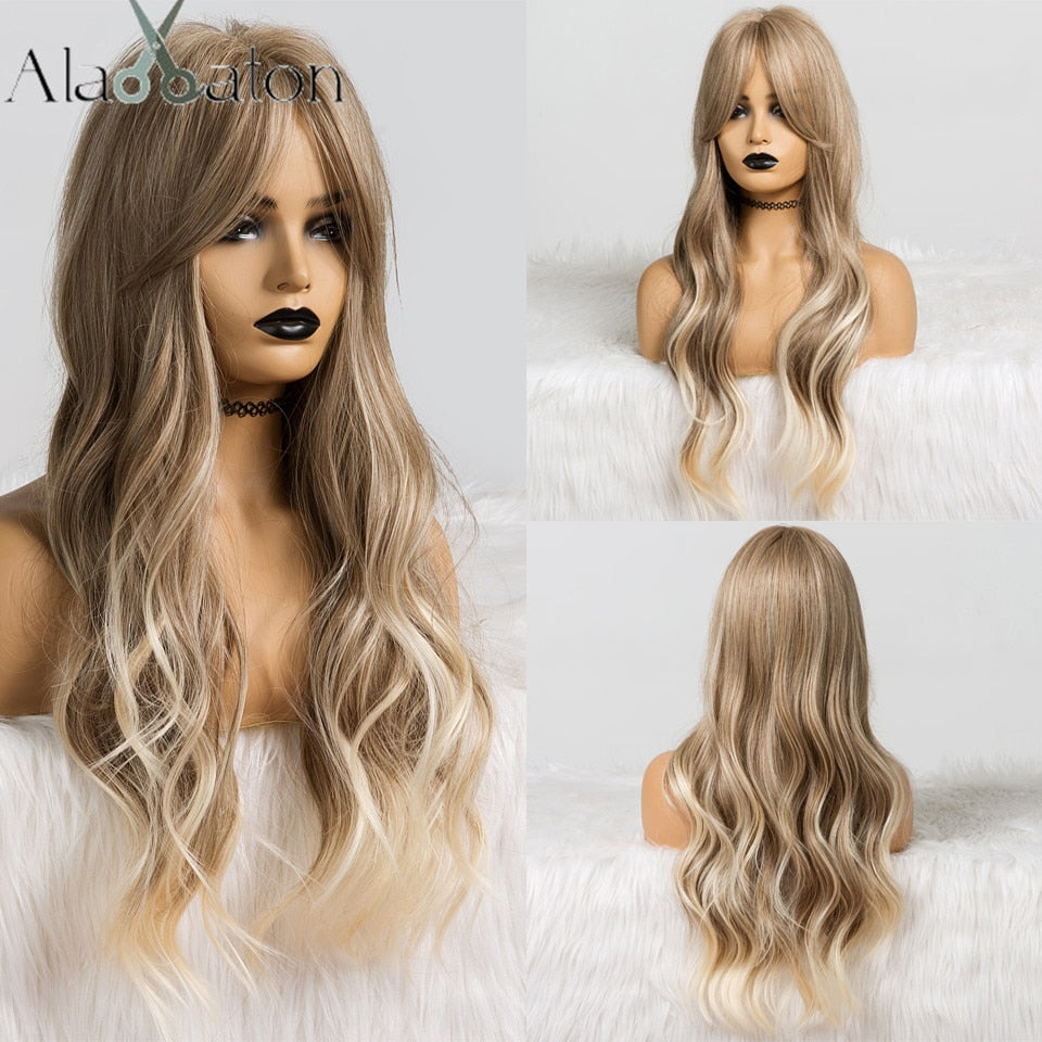 Wavy Wigs Black Brown Blonde Middle Part Cosplay Synthetic Wigs with Bangs