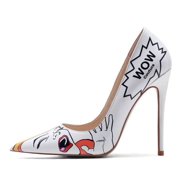 Patent leather shallow mouth pointed graffiti stiletto shoes