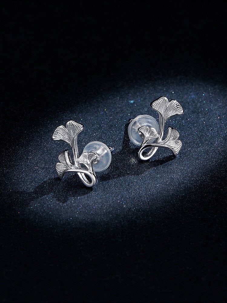bamoer Silver 925 Design Ginkgo Leaf Stud Earrings for Women
