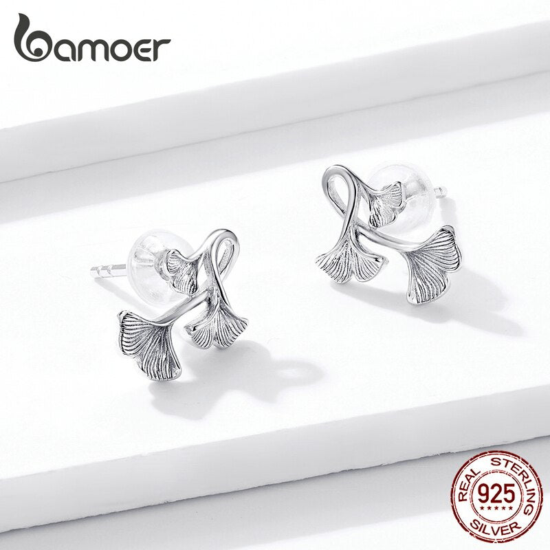 bamoer Silver 925 Design Ginkgo Leaf Stud Earrings for Women