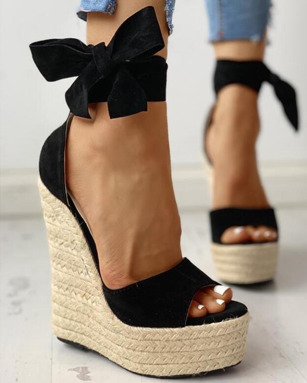 Women Summer Butterfly Knot Solid Black Open Toe Wedge