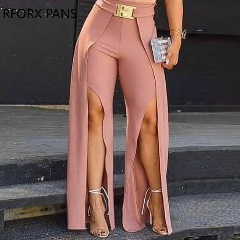 Women's Casual Solid Long Slit Pants With Belt