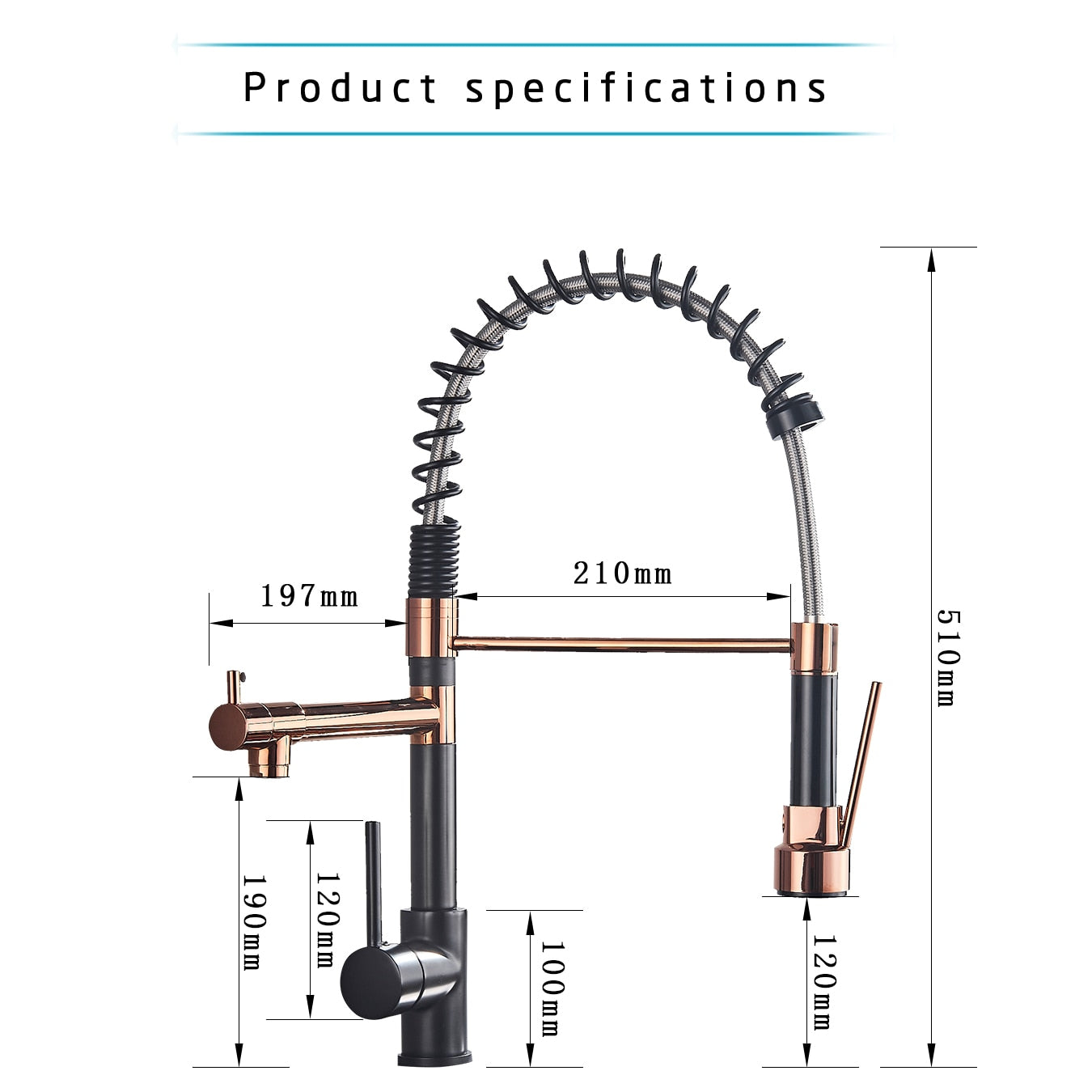 Rozin Black and Rose Golden Spring Pull Down Kitchen Sink Faucet  Hot &amp; Cold Water Mixer Crane Tap with Dual Spout Deck Mounted