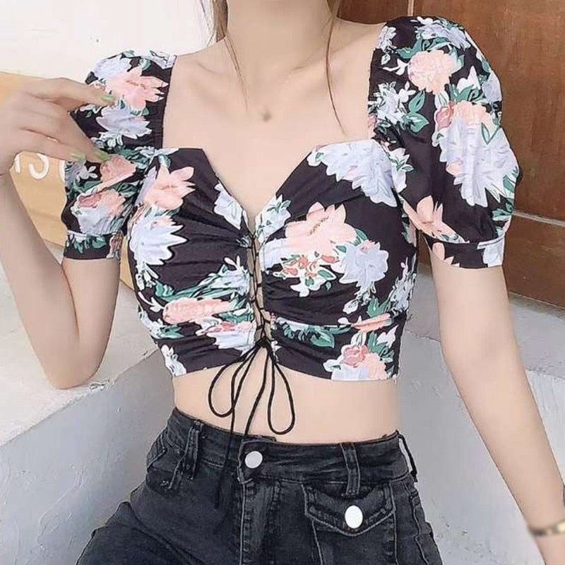 Women Floral Print  Drawstring Blouses Short Sleeve French Vintage Bandage Lace Tops