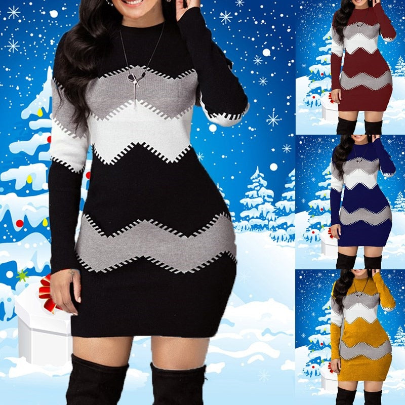 Autumn and Winter Knitted Long Striped Long-sleeved Sweater