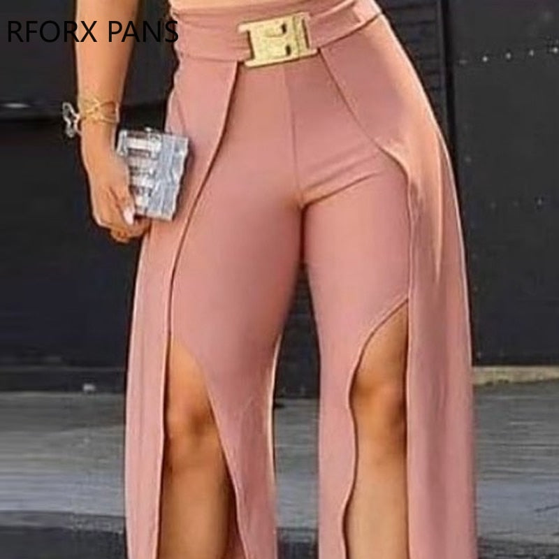 Women's Casual Solid Long Slit Pants With Belt