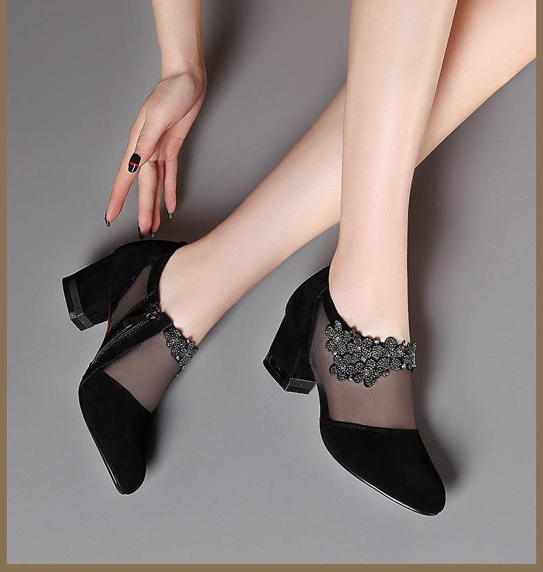 Women Crystal Mesh Zip Lace High Heels Sandals