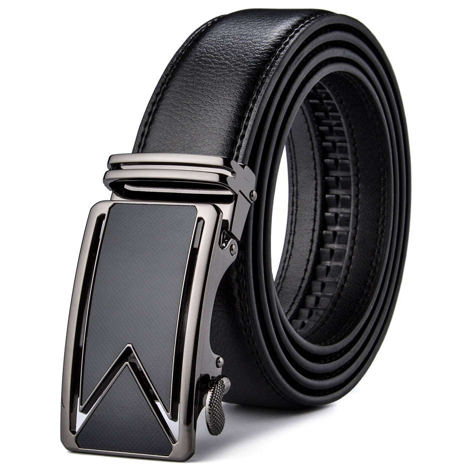 Black Genuine Leather Mens Belts Luxury Gold Automatic Buckles