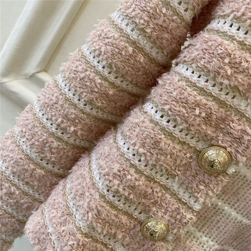 2022 Autumn Winter Elegant Striped Knitted Sweater Gold Buttons Cardigan