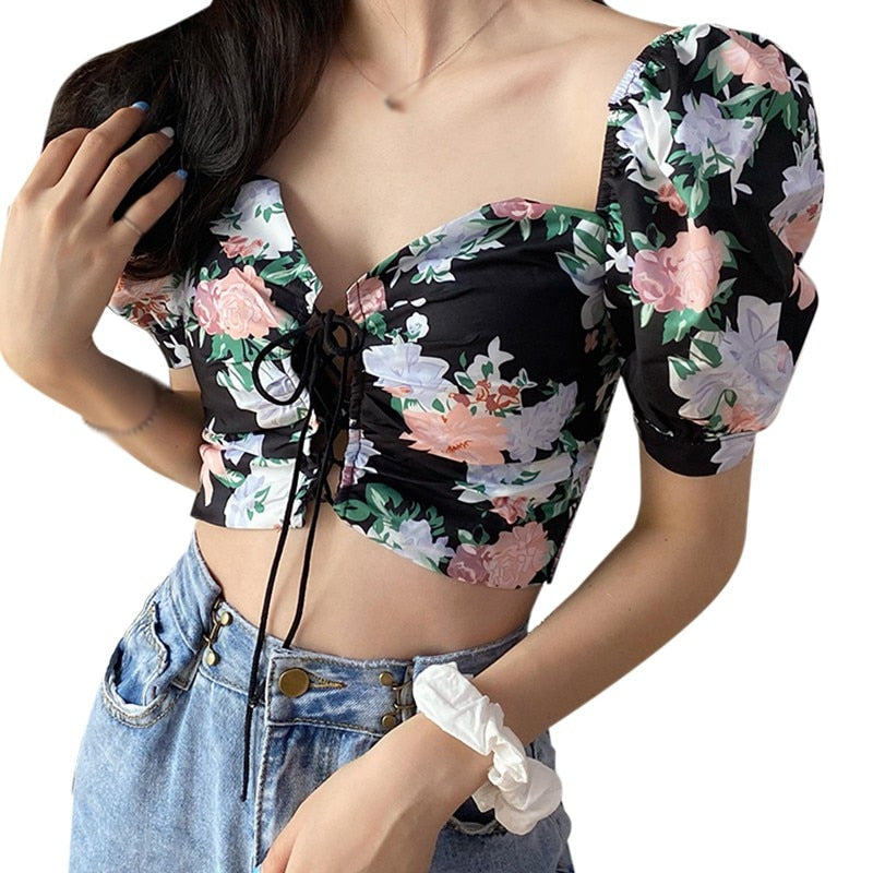 Women Floral Print  Drawstring Blouses Short Sleeve French Vintage Bandage Lace Tops