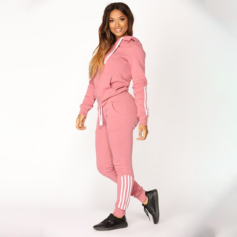 Two Pieces Stripe Women Tracksuits Hoodie Sport Suits