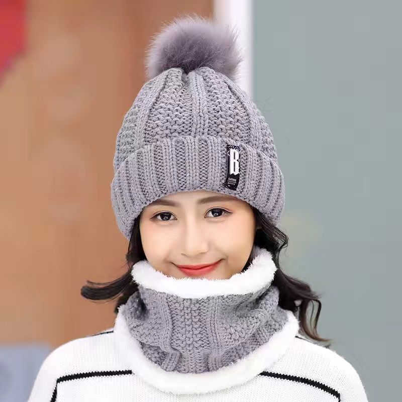 Women Wool Knitted Windproof Winter Outdoor Thick Hat Scarf