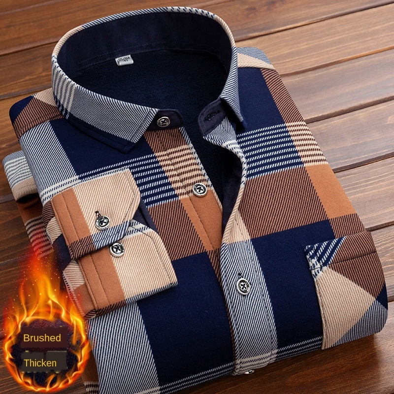 Spring Winter Men Long Sleeve Plaid Flannel Fur Lined Thick Work Shirts