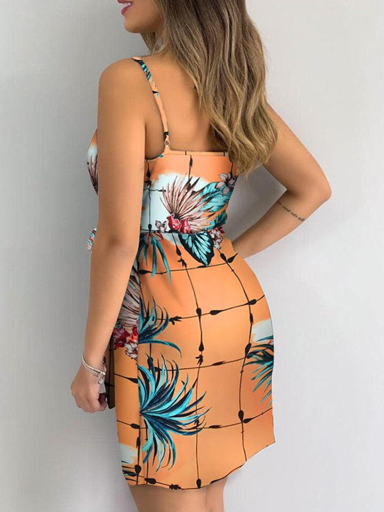 Tropical Women's Sleeveless Summer Wrap  Mini Dress