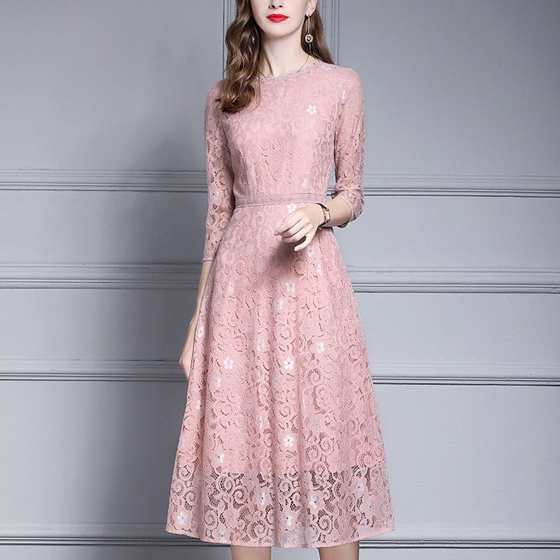 Spring Women Elegant Pink Lace Dress