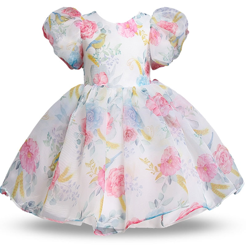 Elegant Girls Flower Puff Sleeve Dresses For Weddings  Kids Formal Birthday Party Fairy Princess Cloth Children Tulle Vestidos