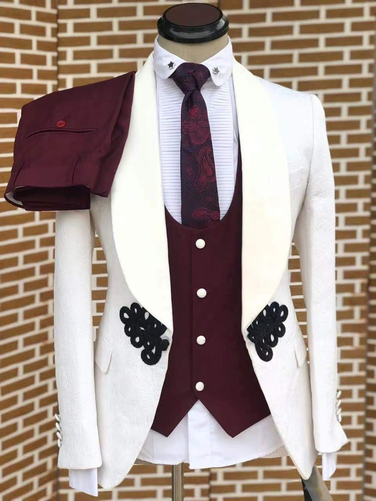 Custom white jacquard coat with red vest pant 3-piece Chinese knot and coil buckle classic wedding suits for men