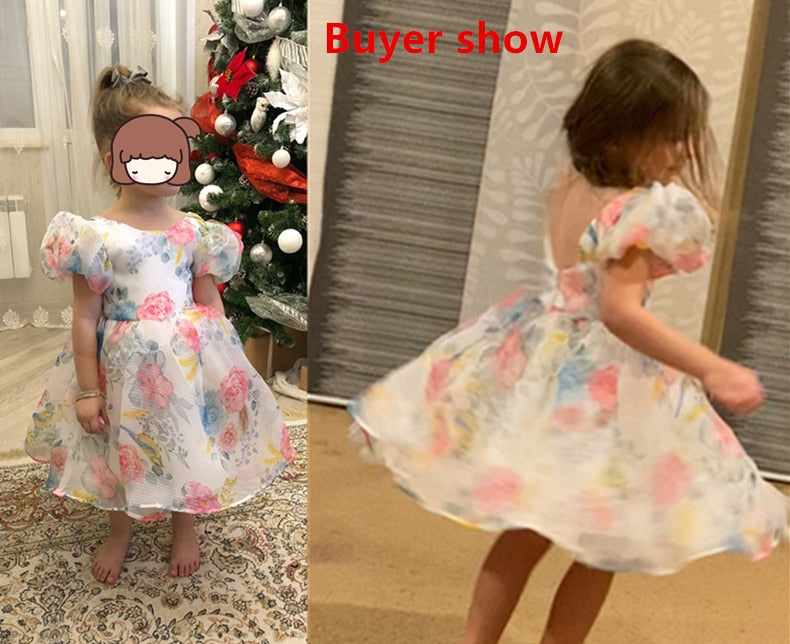 Elegant Girls Flower Puff Sleeve Dresses For Weddings  Kids Formal Birthday Party Fairy Princess Cloth Children Tulle Vestidos