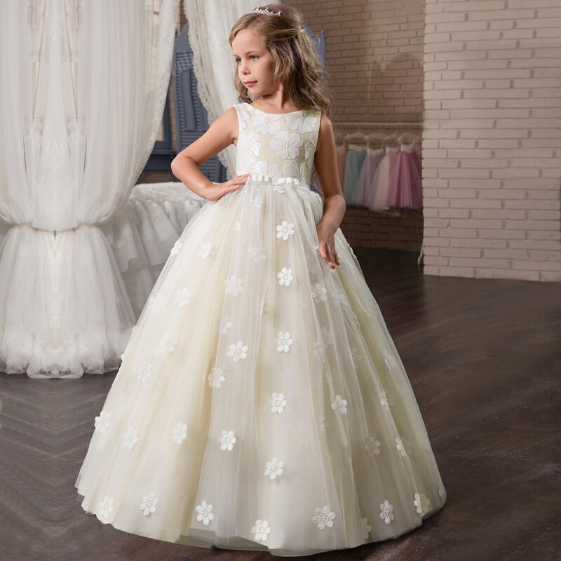 Girls Lace Dress Elegant Princess Long Gown Kids Dresses for Girls Flower Wedding Party Evening Dress Children Prom Tutu Costume