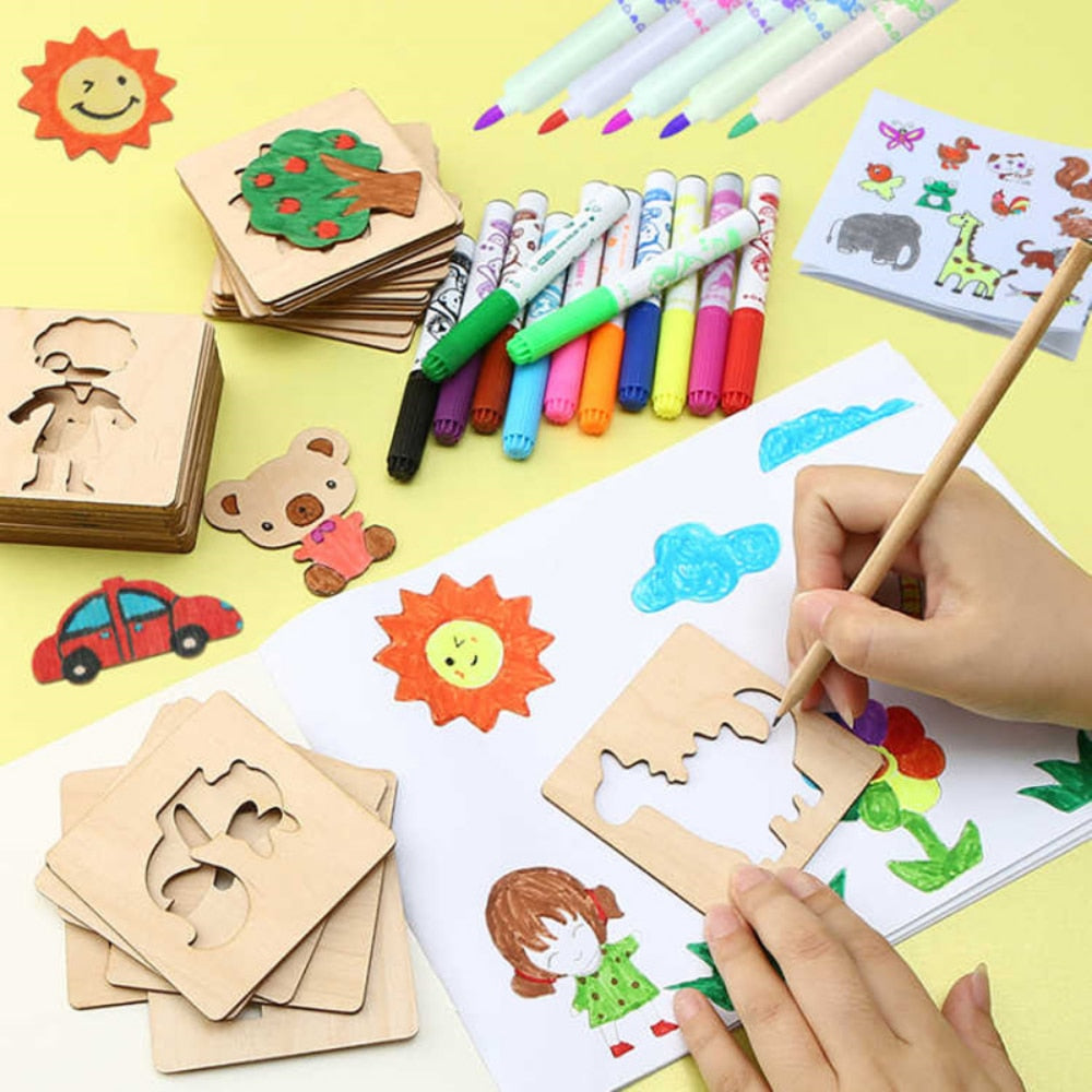 20pcs Montessori Kids Drawing Toys Wooden DIY Painting Template Stencils Learning Educational Toys for Children Christmas Gift