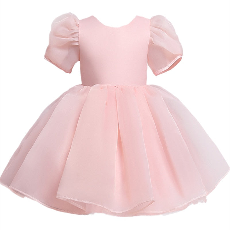 Elegant Girls Flower Puff Sleeve Dresses For Weddings  Kids Formal Birthday Party Fairy Princess Cloth Children Tulle Vestidos