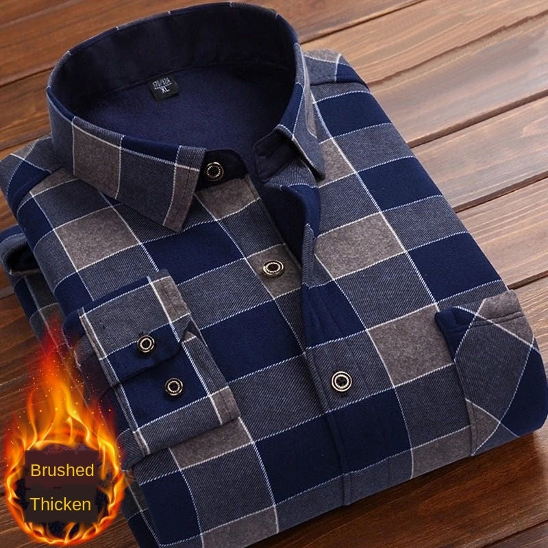 Spring Winter Men Long Sleeve Plaid Flannel Fur Lined Thick Work Shirts