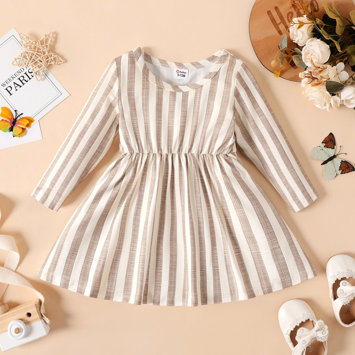 Newborn Baby Girl Birthday Party Ribbed Striped Long-sleeve Overalls Dress