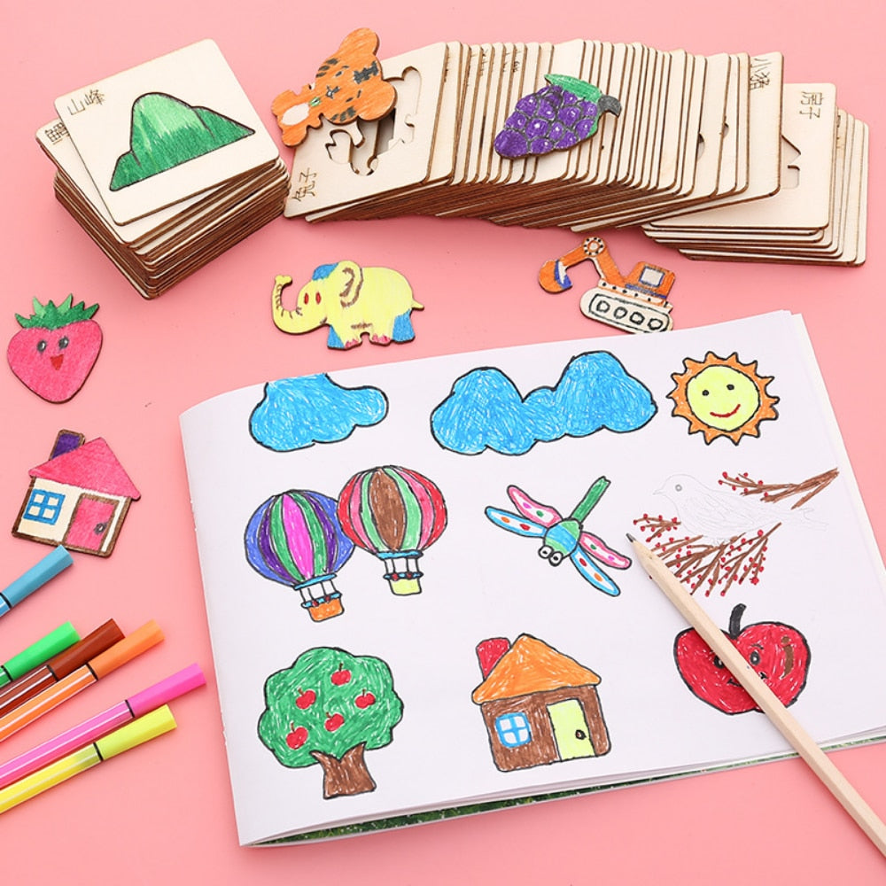 20pcs Montessori Kids Drawing Toys Wooden DIY Painting Template Stencils Learning Educational Toys for Children Christmas Gift