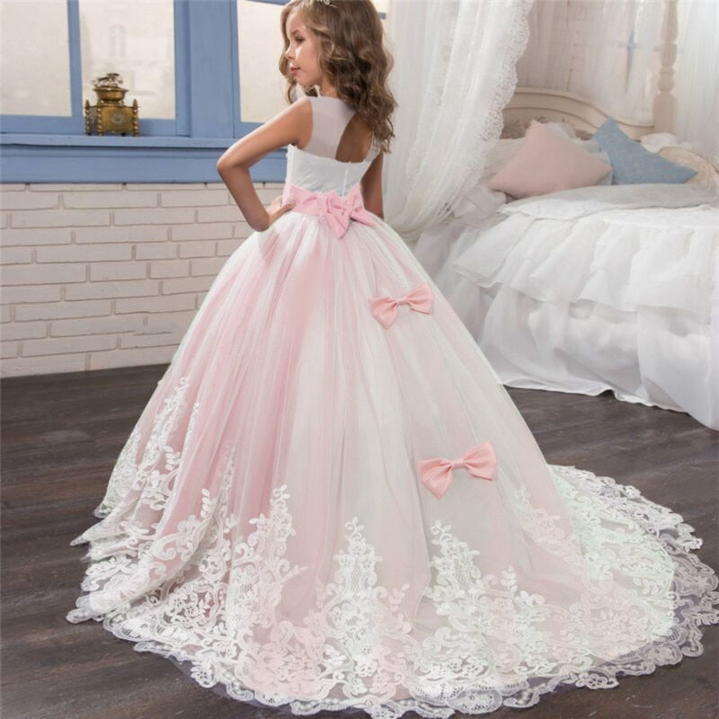 Girls Lace Dress Elegant Princess Long Gown Kids Dresses for Girls Flower Wedding Party Evening Dress Children Prom Tutu Costume