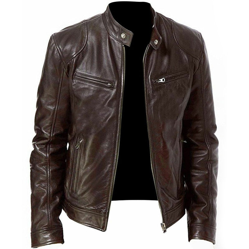 Men Slim PU Leather Oblique Zipper Motorcycle Jackets
