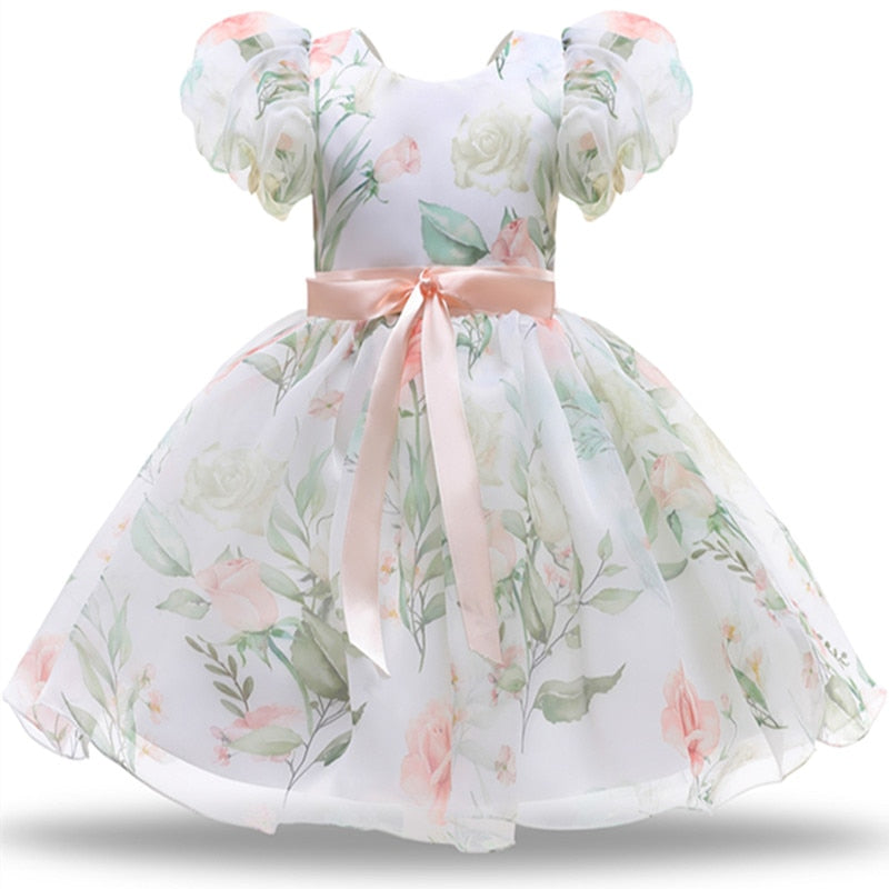 Elegant Girls Flower Puff Sleeve Dresses For Weddings  Kids Formal Birthday Party Fairy Princess Cloth Children Tulle Vestidos