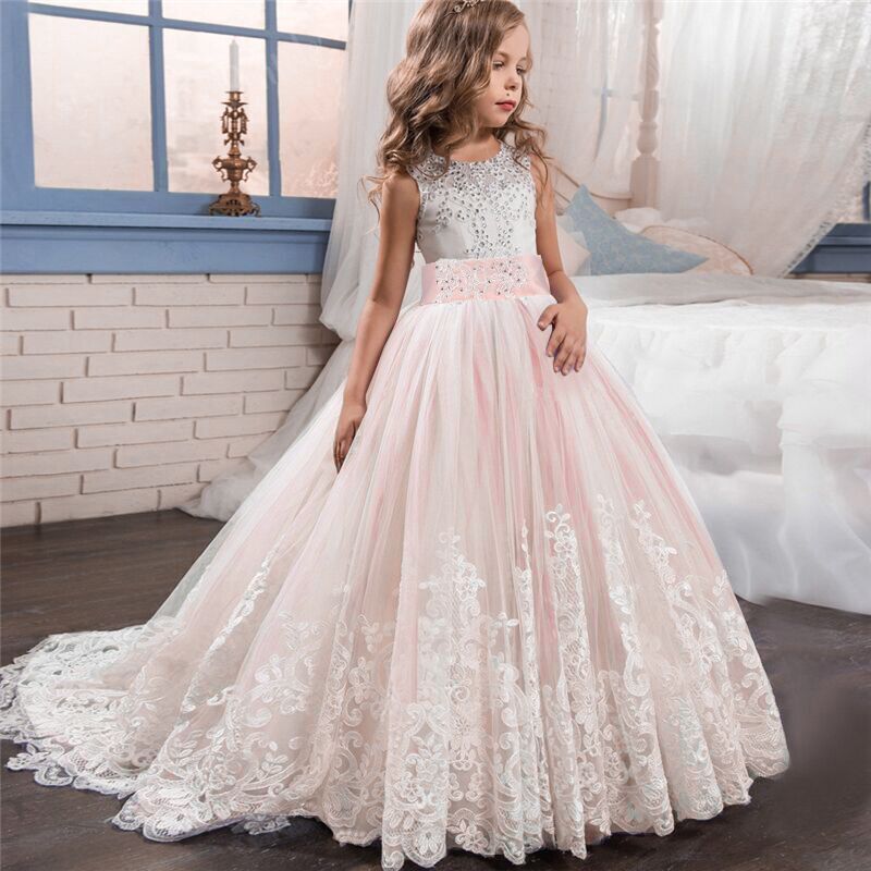 Girls Lace Dress Elegant Princess Long Gown Kids Dresses for Girls Flower Wedding Party Evening Dress Children Prom Tutu Costume