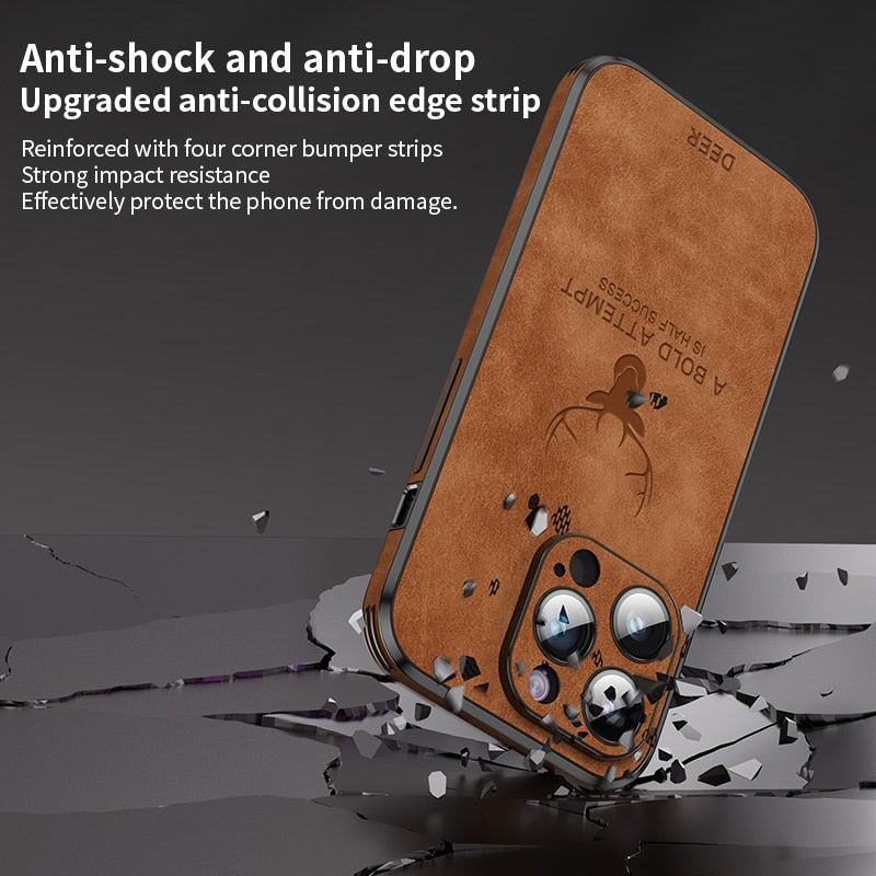 Luxury Deer Leather Phone Case For iPhone 14 13 12 Pro Max Lens Glass Bumper Shockproof Silicone Cellphone Cover