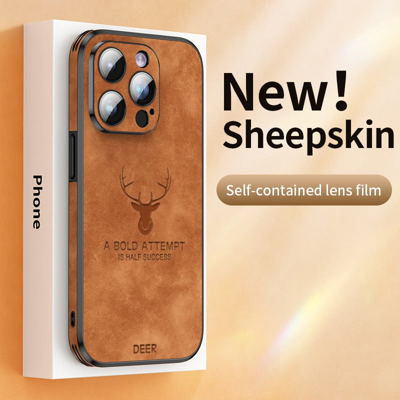 Luxury Deer Leather Phone Case For iPhone 14 13 12 Pro Max Lens Glass Bumper Shockproof Silicone Cellphone Cover