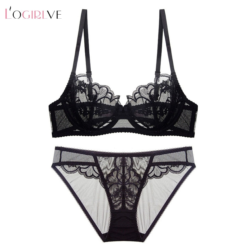 Logirlve Top Sexy Bra Set Women Bras See Through Flowers Embroidery Lingerie  Transparent Lace Ultrathin Lady