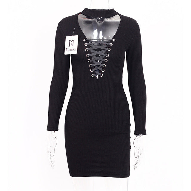 Autumn Bodycon Lace Up Knitted Dress