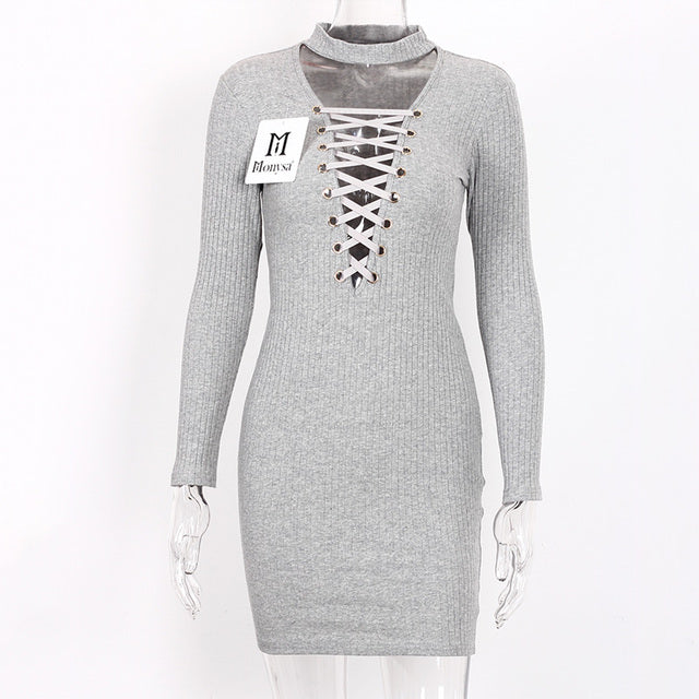 Autumn Bodycon Lace Up Knitted Dress