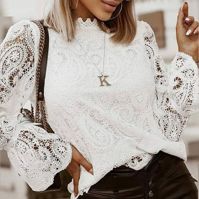 Women Sexy Solid Petal Sleeve Lace Shirt